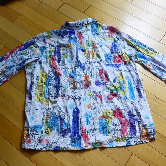 Ali Miles Art Wear Stretch Knit Button Up Shirt Short Sleeve City Print Size 1X - Picture 10 of 13